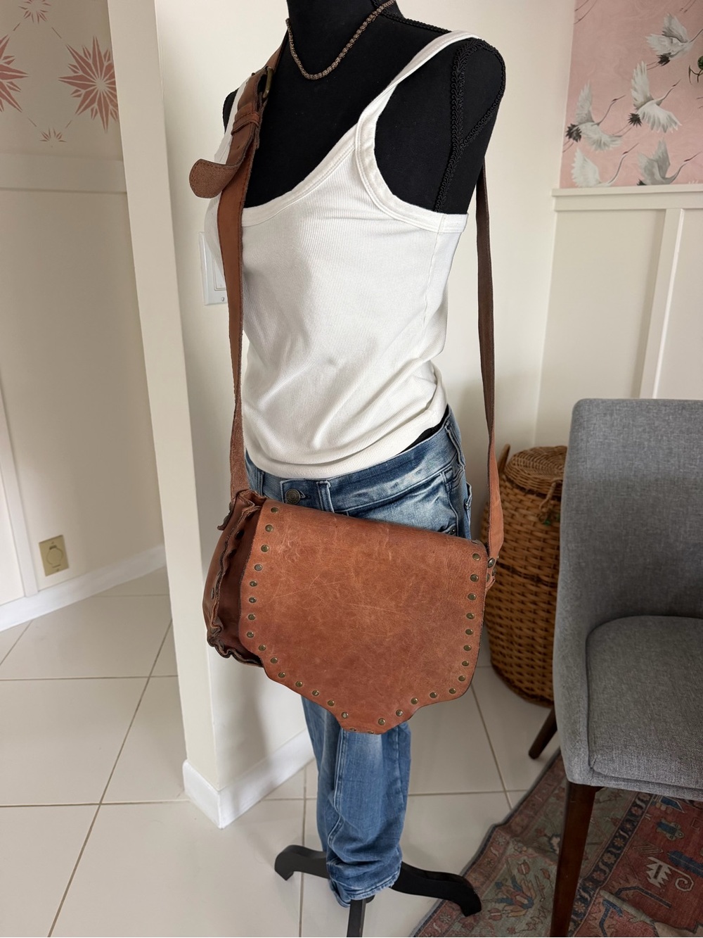 Patricia Nash Brown Studded Distressed Crossbody Purse Saddle Bag Leather